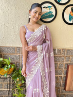 Thumbnail for NOZ2TOZ Women's Georgette Mauve Embroidered Designer Saree With Blouse Piece - Distacart