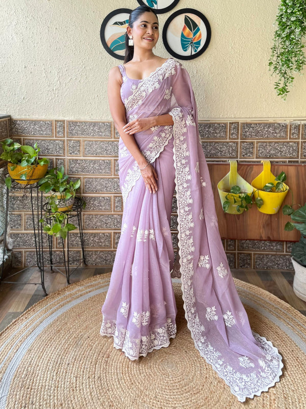 NOZ2TOZ Women's Georgette Mauve Embroidered Designer Saree With Blouse Piece - Distacart