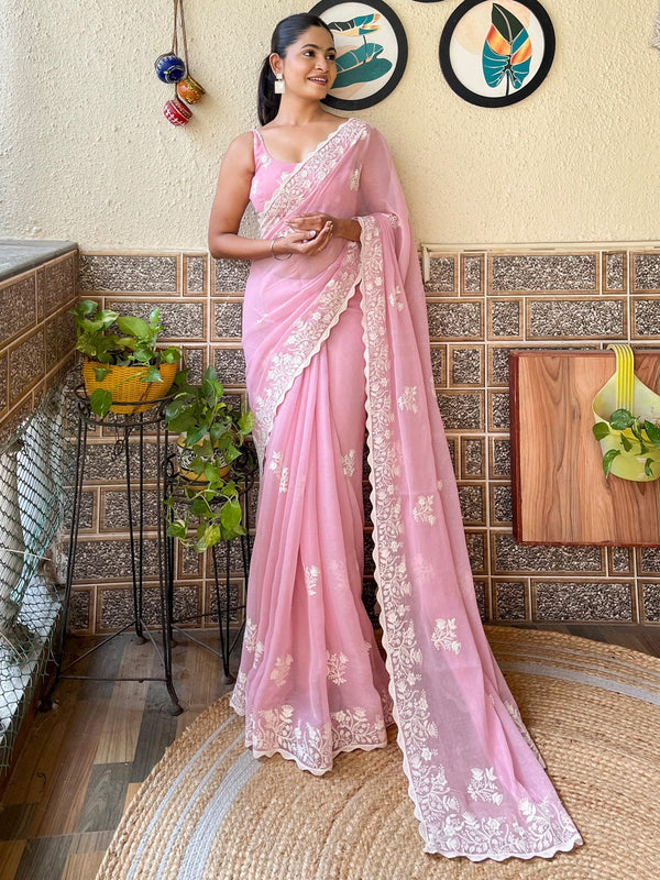 NOZ2TOZ Women's Georgette Pink Embroidered Designer Saree With Blouse Piece - Distacart