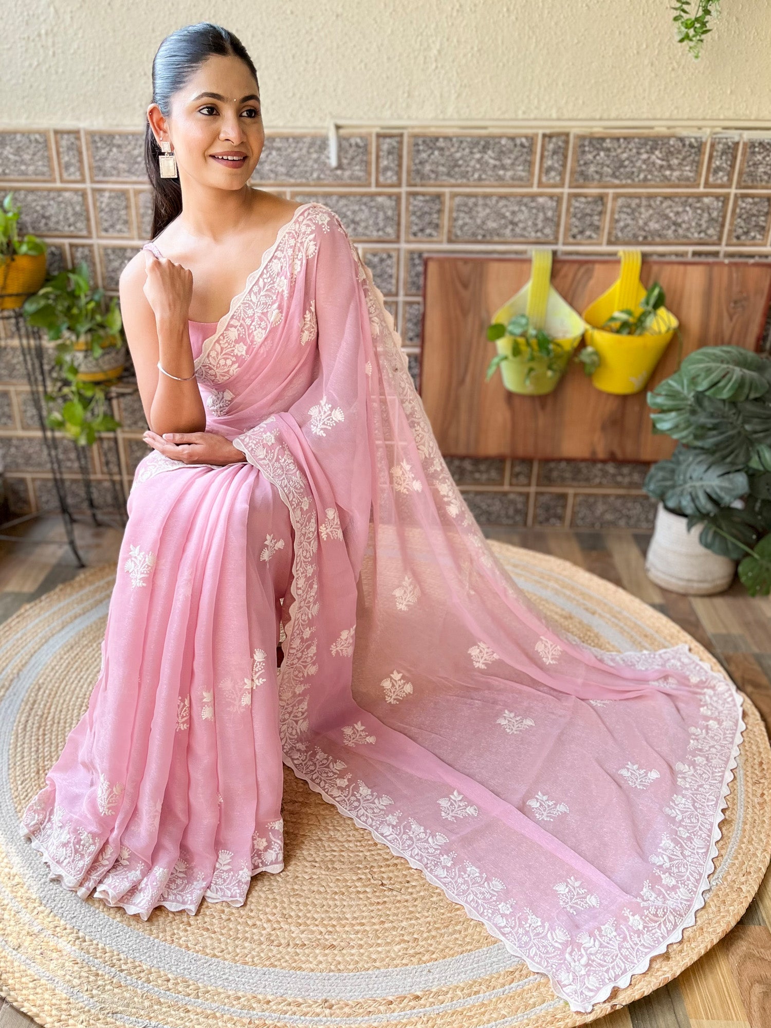 NOZ2TOZ Women's Georgette Pink Embroidered Designer Saree With Blouse Piece - Distacart