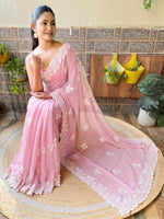 Thumbnail for NOZ2TOZ Women's Georgette Pink Embroidered Designer Saree With Blouse Piece - Distacart