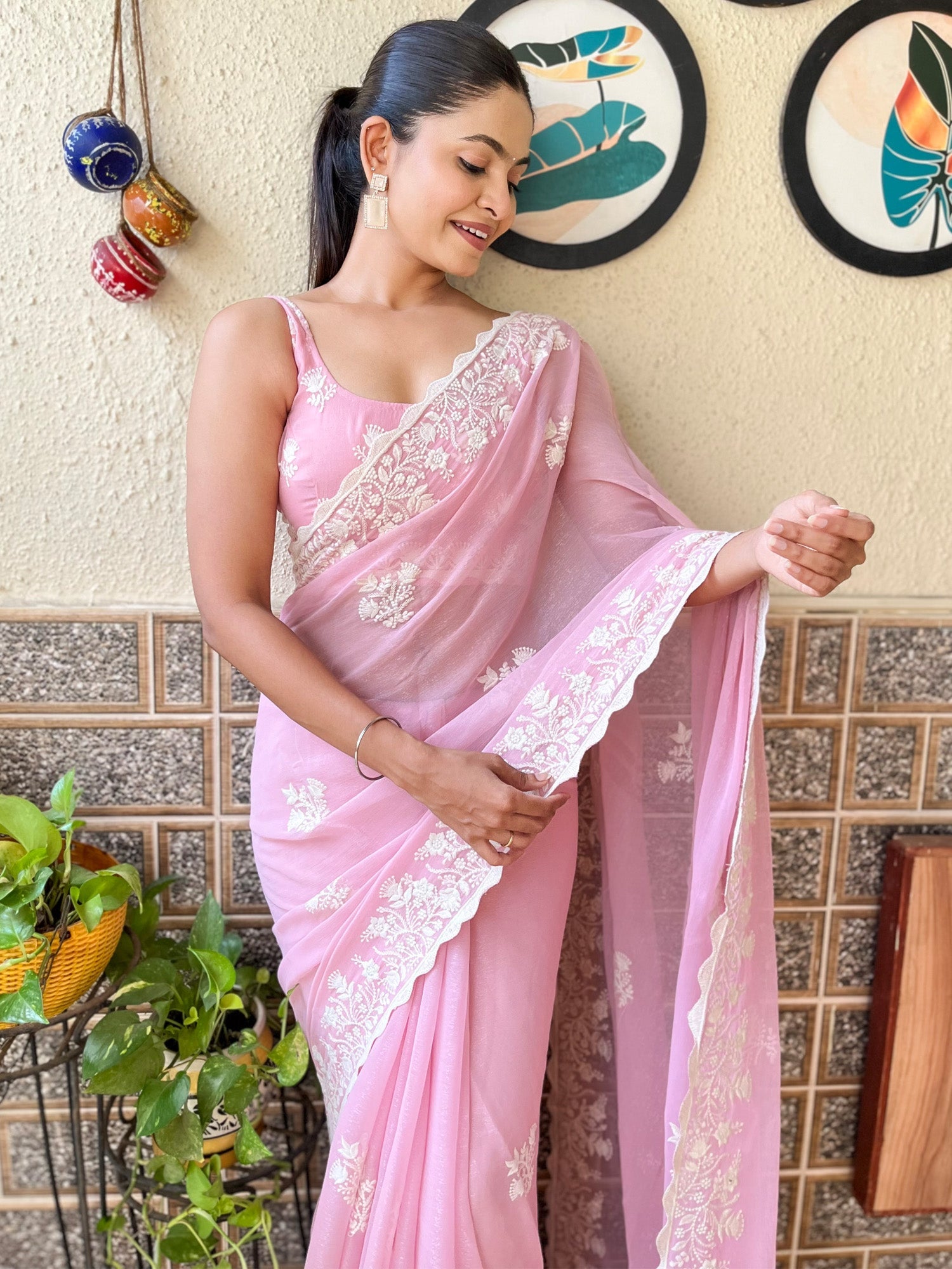 NOZ2TOZ Women's Georgette Pink Embroidered Designer Saree With Blouse Piece - Distacart