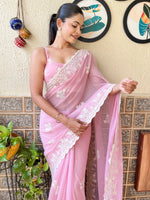 Thumbnail for NOZ2TOZ Women's Georgette Pink Embroidered Designer Saree With Blouse Piece - Distacart