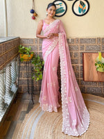Thumbnail for NOZ2TOZ Women's Georgette Pink Embroidered Designer Saree With Blouse Piece - Distacart