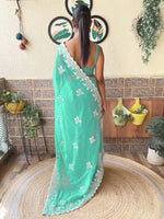 Thumbnail for NOZ2TOZ Women's Georgette Turquoise Embroidered Designer Saree With Blouse Piece - Distacart