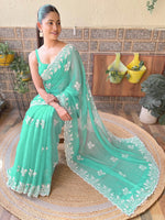 Thumbnail for NOZ2TOZ Women's Georgette Turquoise Embroidered Designer Saree With Blouse Piece - Distacart