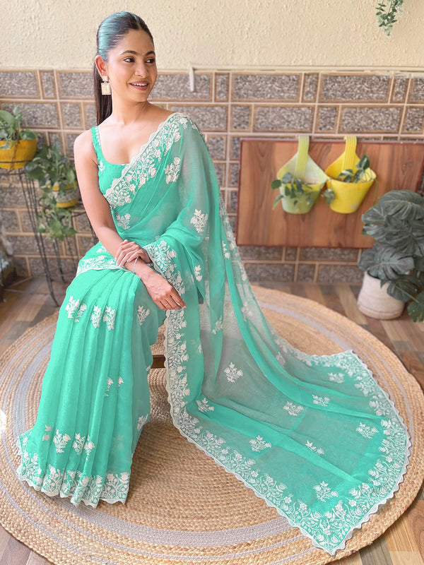 NOZ2TOZ Women's Georgette Turquoise Embroidered Designer Saree With Blouse Piece - Distacart