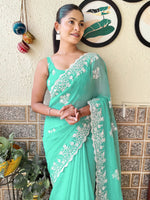 Thumbnail for NOZ2TOZ Women's Georgette Turquoise Embroidered Designer Saree With Blouse Piece - Distacart