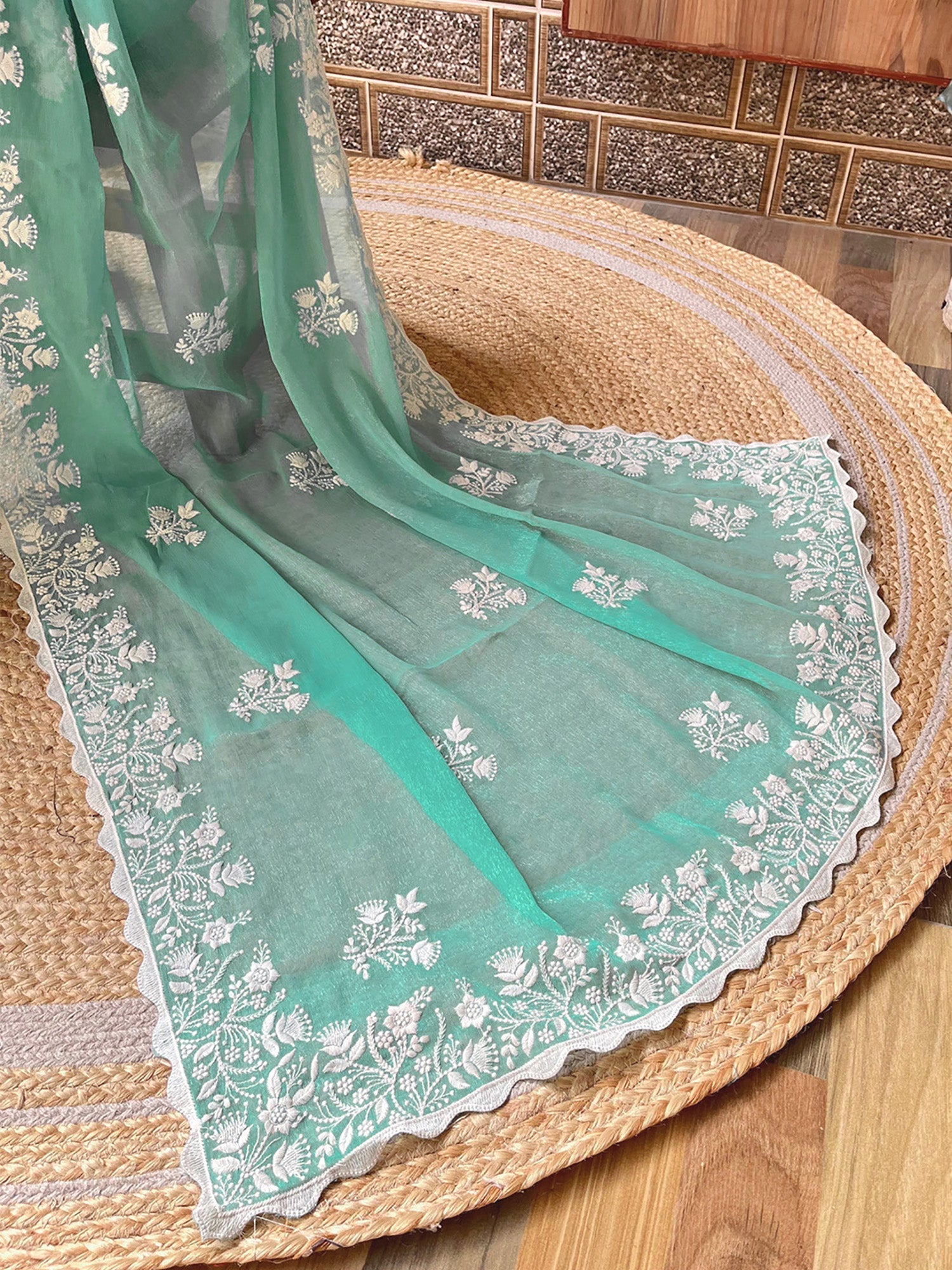 NOZ2TOZ Women's Georgette Turquoise Embroidered Designer Saree With Blouse Piece - Distacart