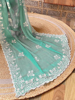 Thumbnail for NOZ2TOZ Women's Georgette Turquoise Embroidered Designer Saree With Blouse Piece - Distacart