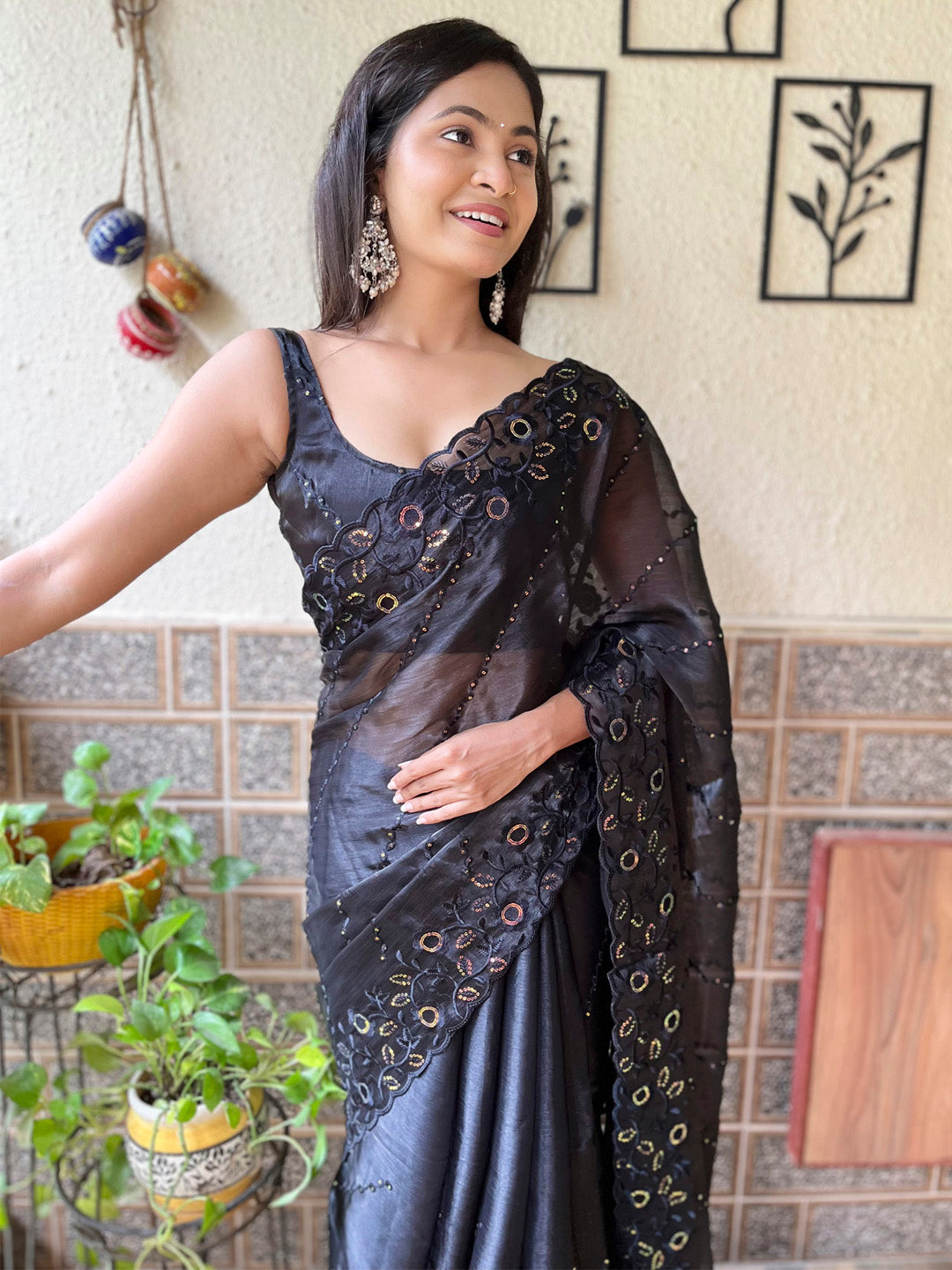 NOZ2TOZ Women's Organza Black Embellished Designer Saree With Blouse Piece - Distacart