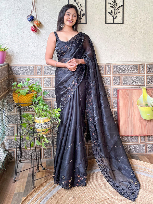 NOZ2TOZ Women's Organza Black Embellished Designer Saree With Blouse Piece - Distacart