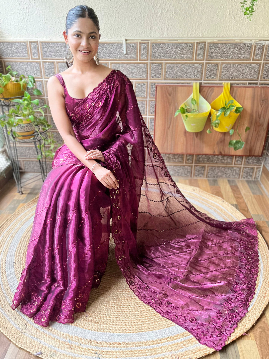 NOZ2TOZ Women's Organza Magenta Embellished Designer Saree With Blouse Piece - Distacart