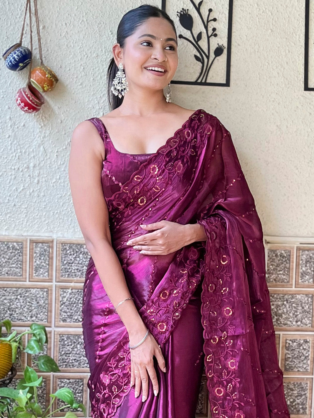 NOZ2TOZ Women's Organza Magenta Embellished Designer Saree With Blouse Piece - Distacart