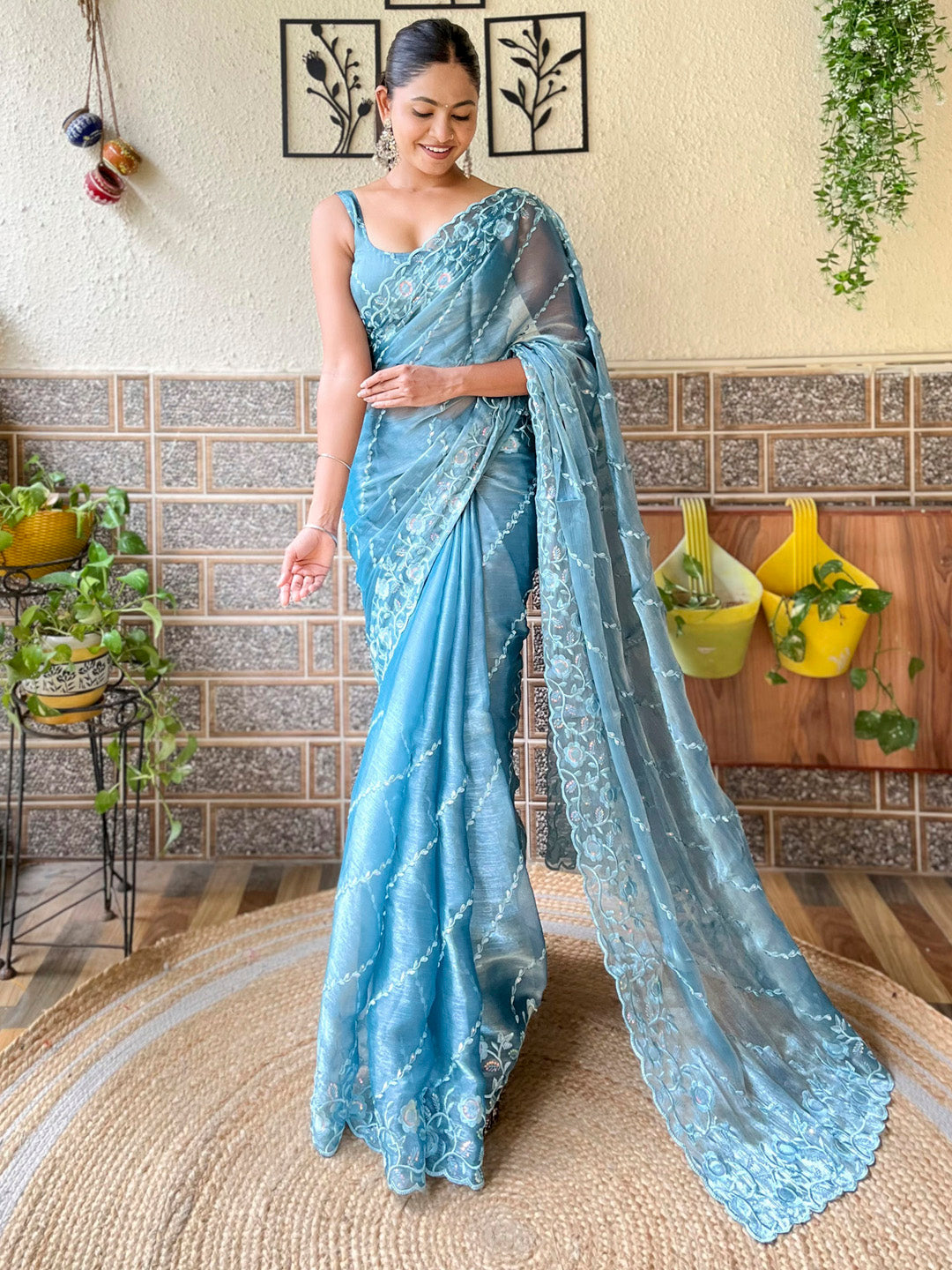 NOZ2TOZ Women's Organza Light Blue Embellished Designer Saree With Blouse Piece - Distacart