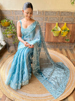 Thumbnail for NOZ2TOZ Women's Organza Light Blue Embellished Designer Saree With Blouse Piece - Distacart