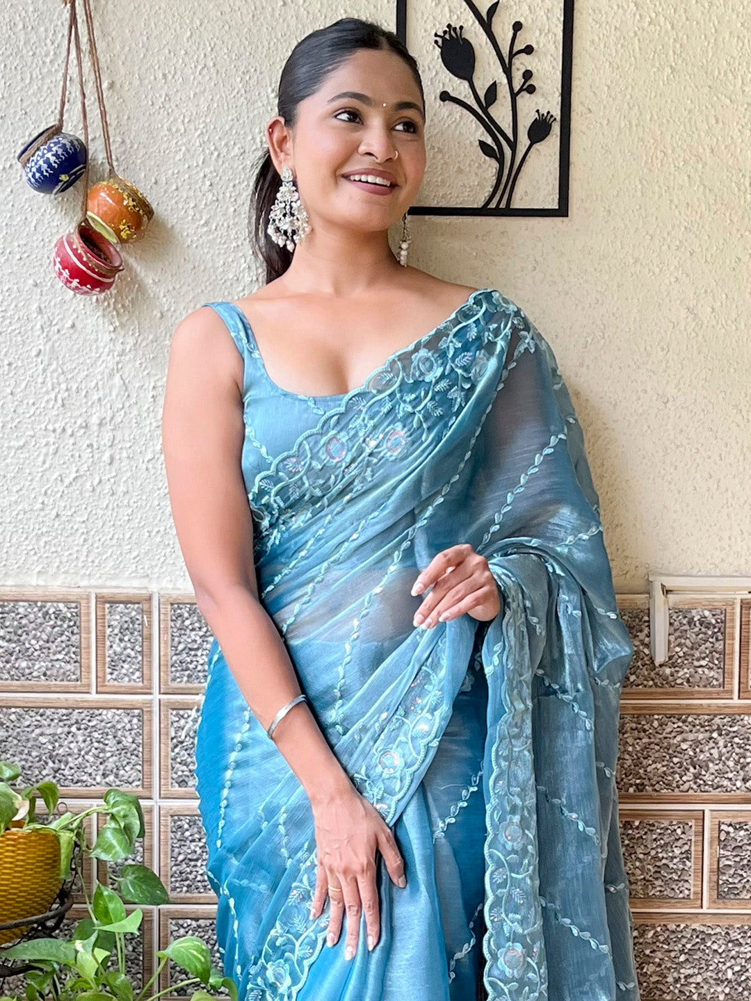 NOZ2TOZ Women's Organza Light Blue Embellished Designer Saree With Blouse Piece - Distacart