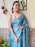 Thumbnail for NOZ2TOZ Women's Organza Light Blue Embellished Designer Saree With Blouse Piece - Distacart