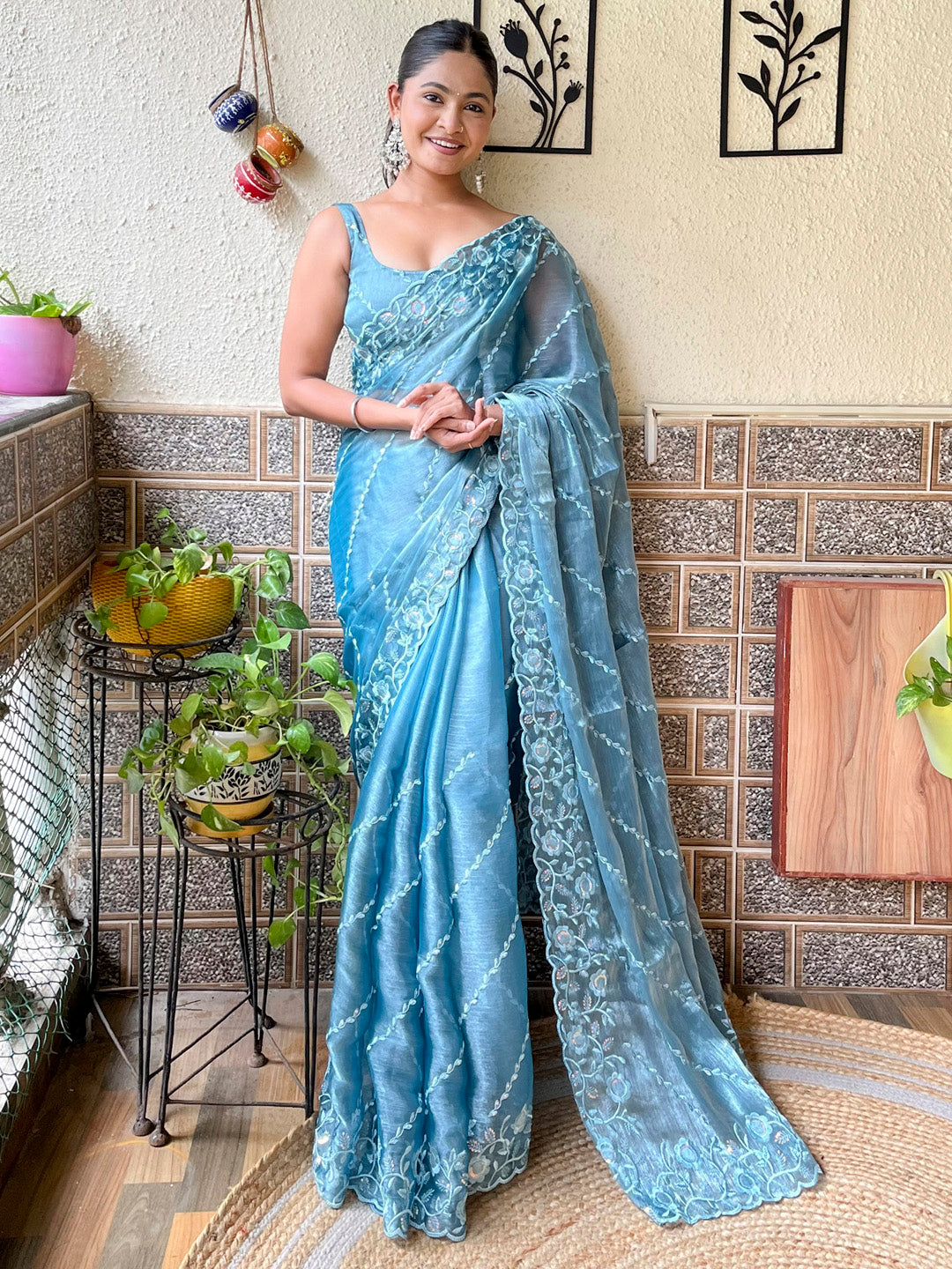 NOZ2TOZ Women's Organza Light Blue Embellished Designer Saree With Blouse Piece - Distacart