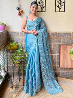 Thumbnail for NOZ2TOZ Women's Organza Light Blue Embellished Designer Saree With Blouse Piece - Distacart