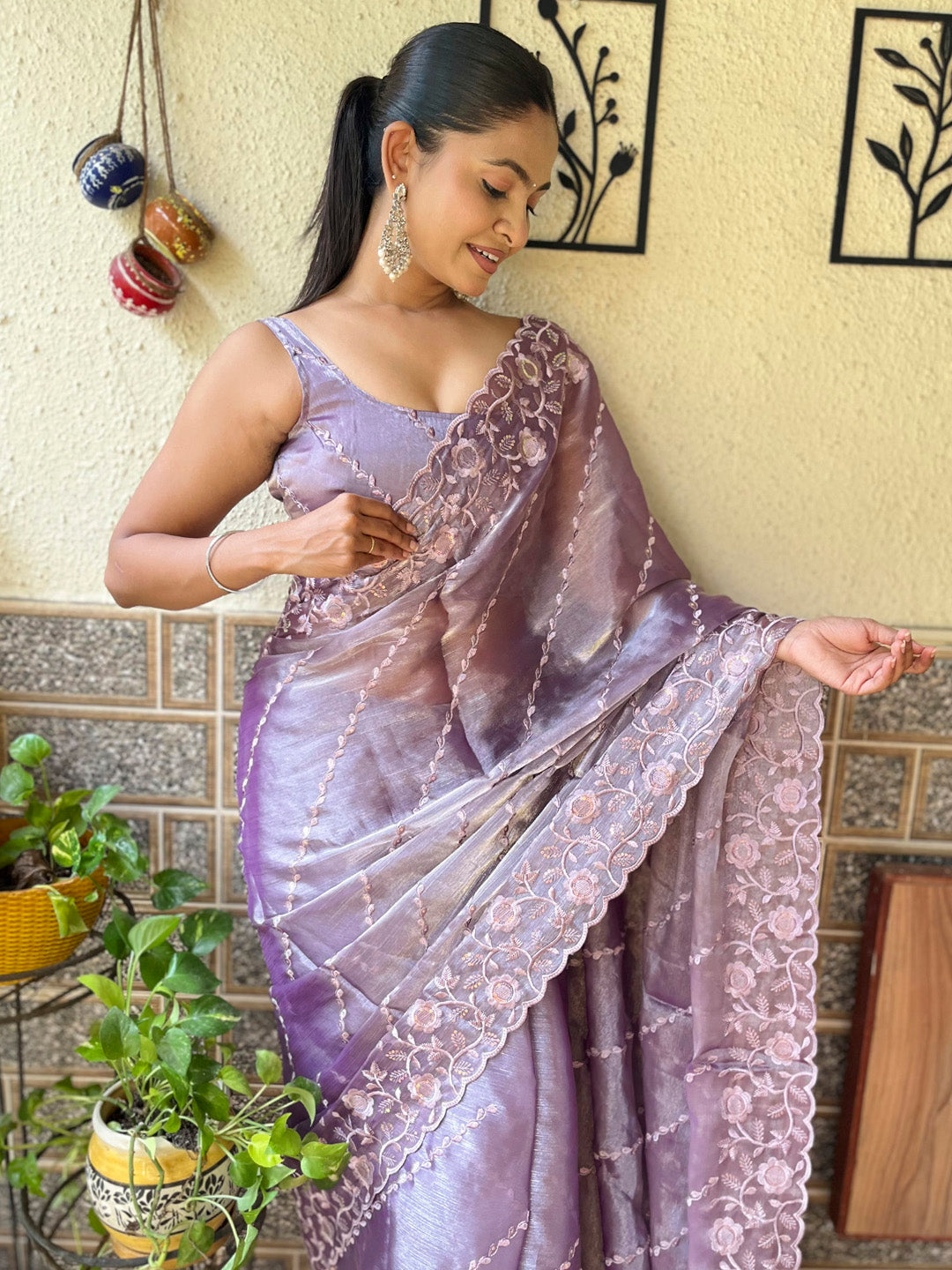 NOZ2TOZ Women's Organza Lavender Embellished Designer Saree With Blouse Piece - Distacart