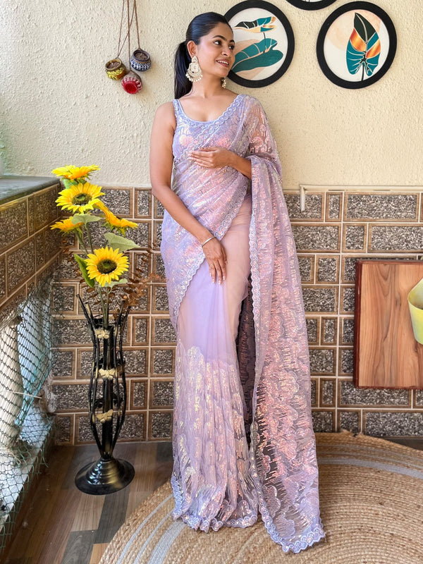 NOZ2TOZ Women's Net Lavender Embellished Designer Saree With Blouse Piece - Distacart