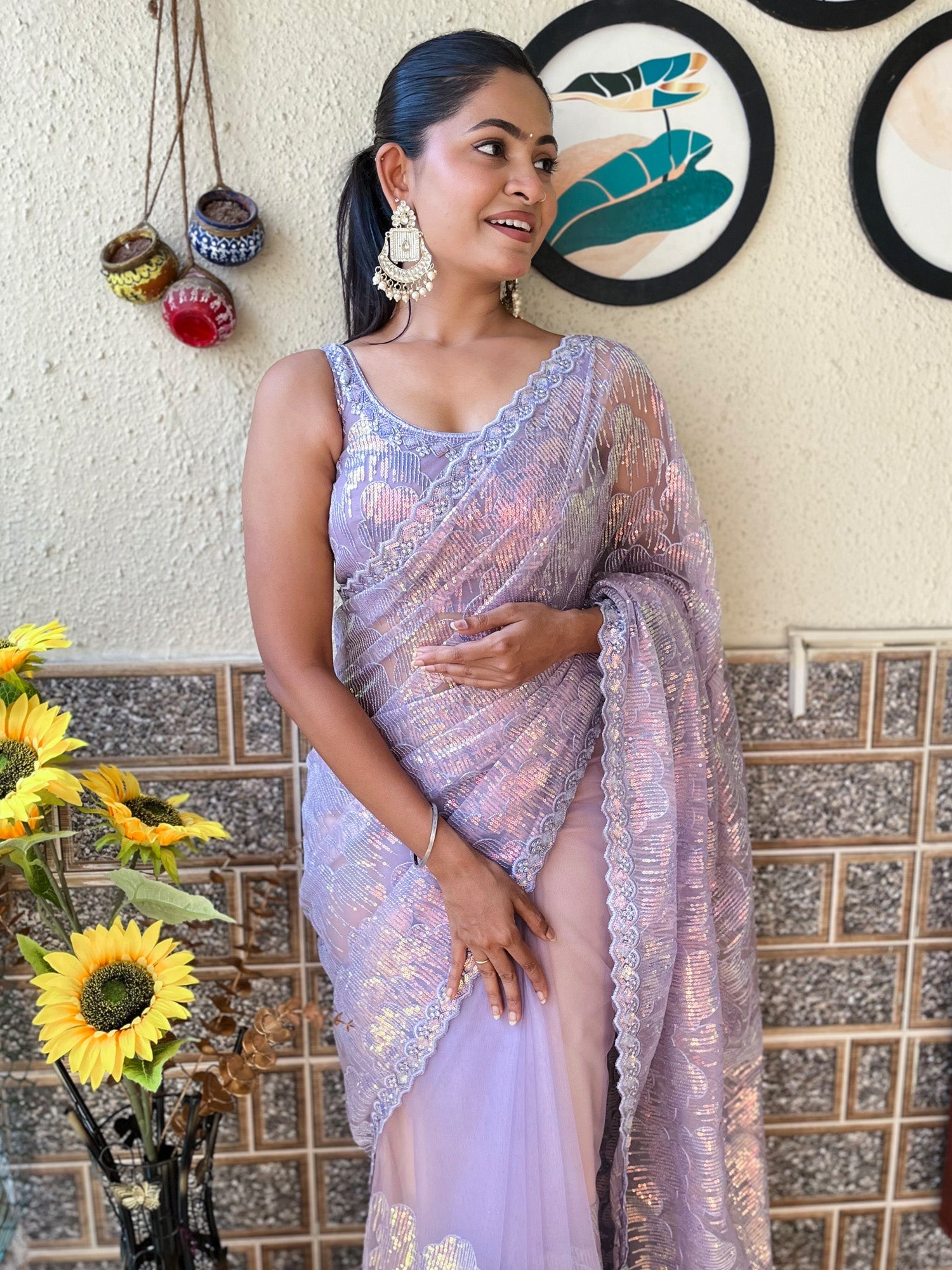 NOZ2TOZ Women's Net Lavender Embellished Designer Saree With Blouse Piece - Distacart