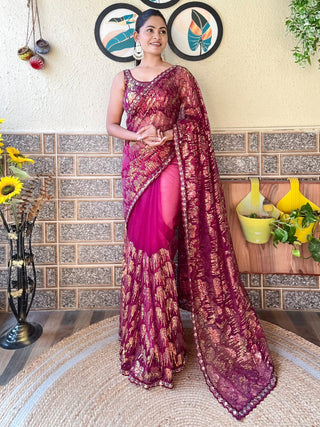 NOZ2TOZ Women's Net Magenta Embellished Designer Saree With Blouse Piece - Distacart