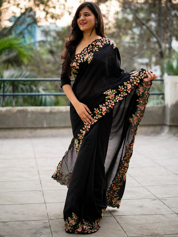 NOZ2TOZ Women's Vichitra Silk Black Embroidered Designer Saree With Blouse Piece - Distacart