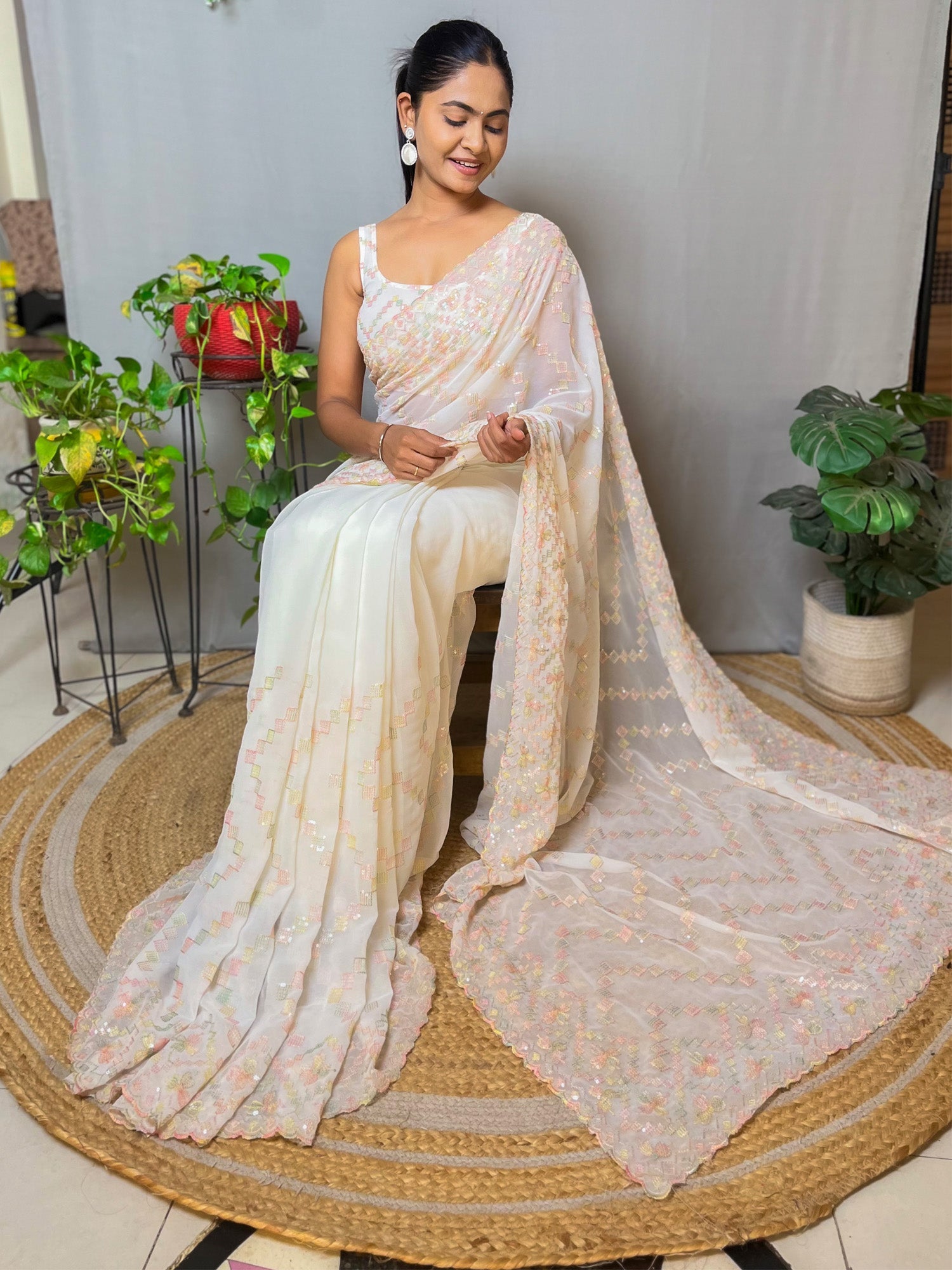 NOZ2TOZ Women's Georgette Cream Embellished Designer Saree With Blouse Piece - Distacart