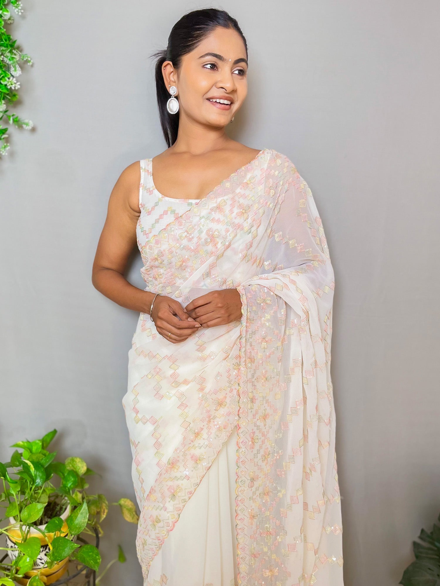 NOZ2TOZ Women's Georgette Cream Embellished Designer Saree With Blouse Piece - Distacart