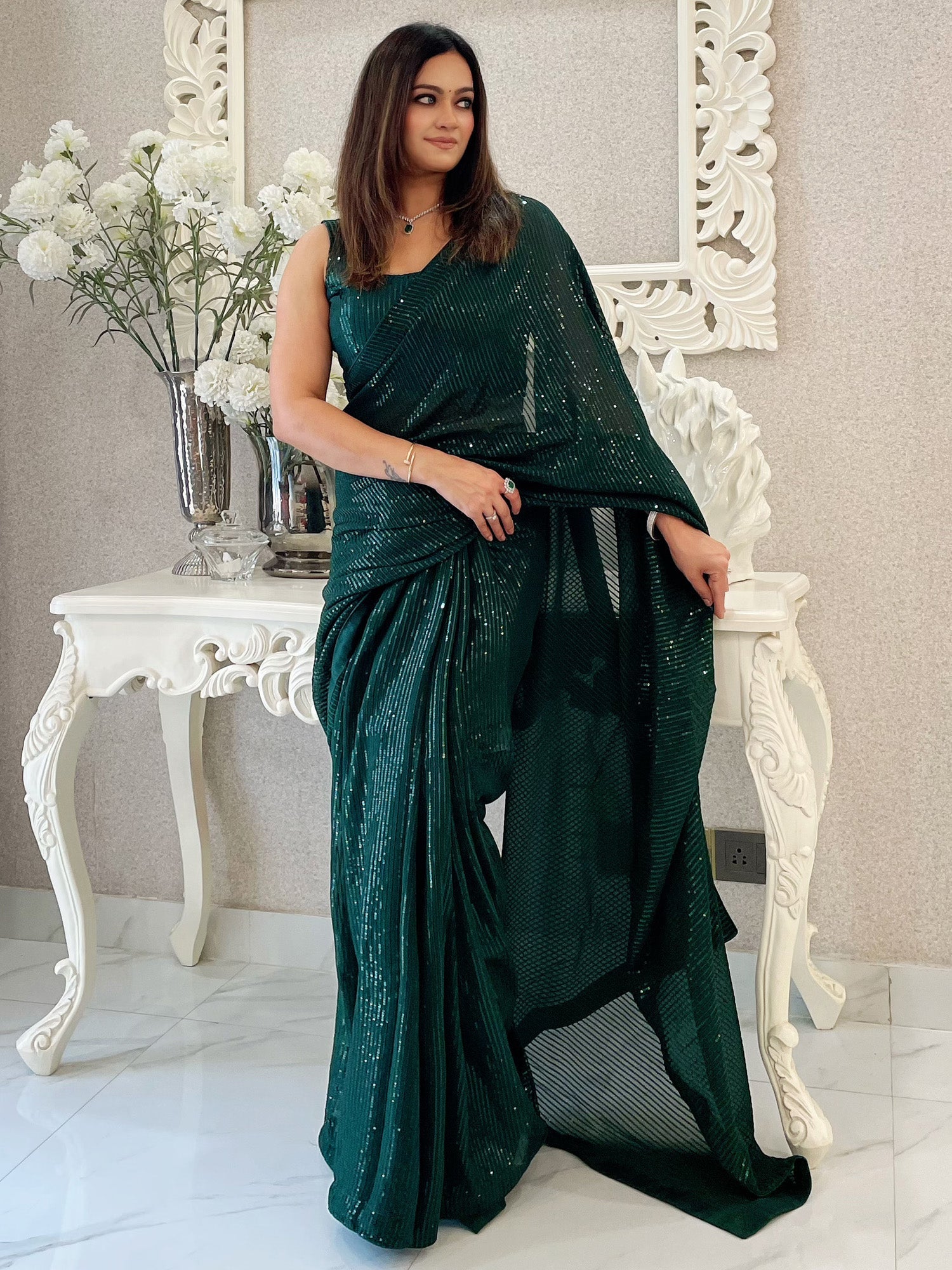 NOZ2TOZ Women's Georgette Green Embellished Designer Saree With Blouse Piece - Distacart