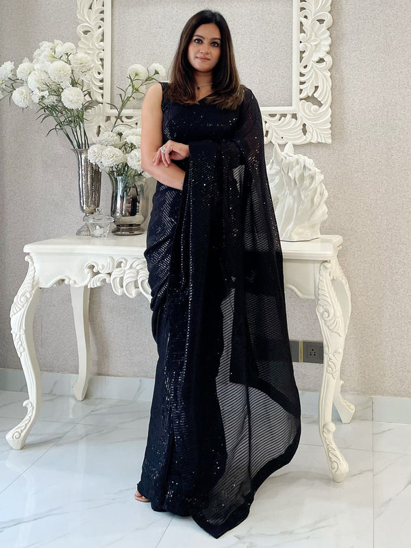 NOZ2TOZ Women's Georgette Black Embellished Designer Saree With Blouse Piece - Distacart