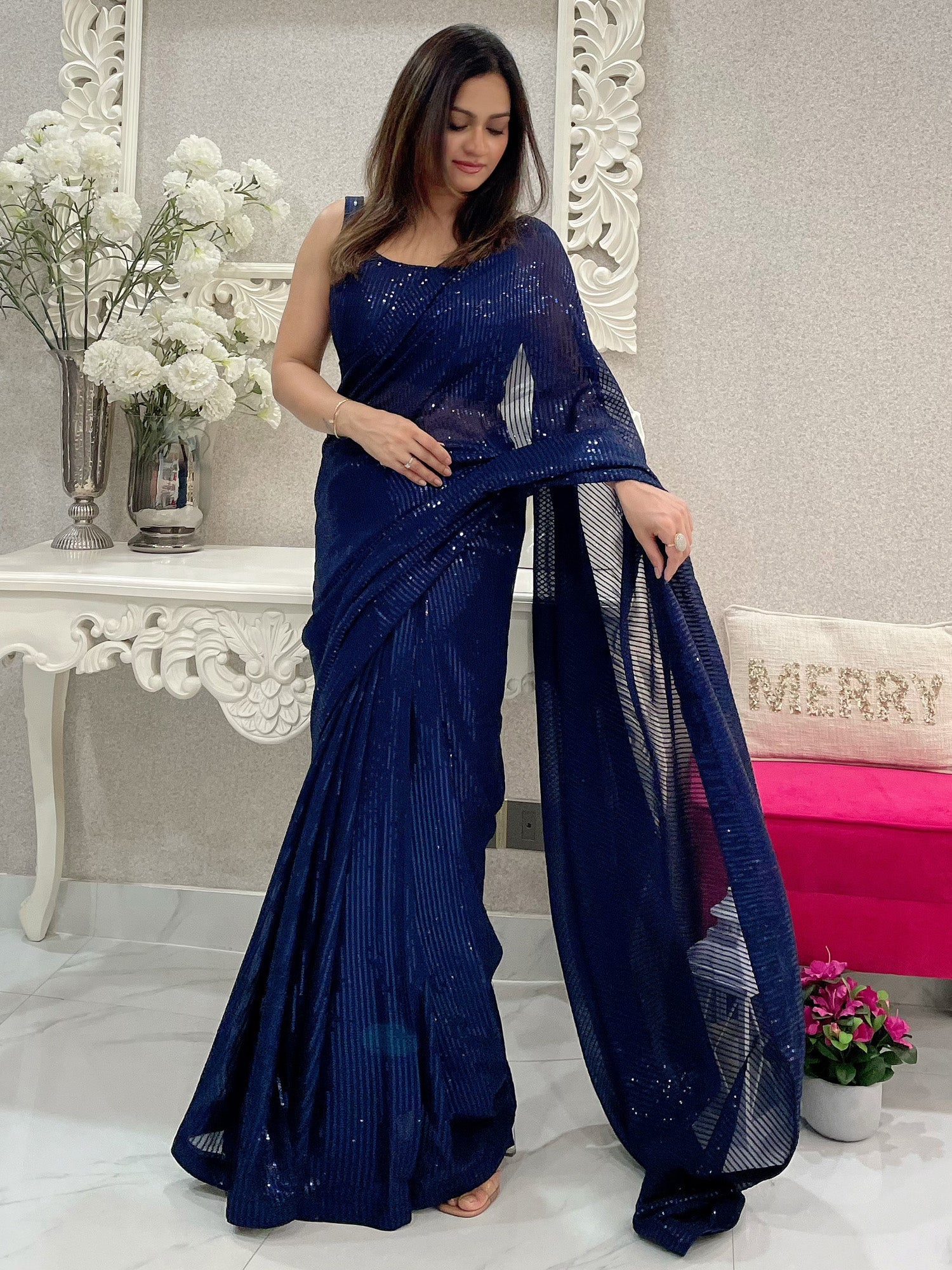 NOZ2TOZ Women's Georgette Navy Blue Embellished Designer Saree With Blouse Piece - Distacart