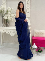 Thumbnail for NOZ2TOZ Women's Georgette Navy Blue Embellished Designer Saree With Blouse Piece - Distacart