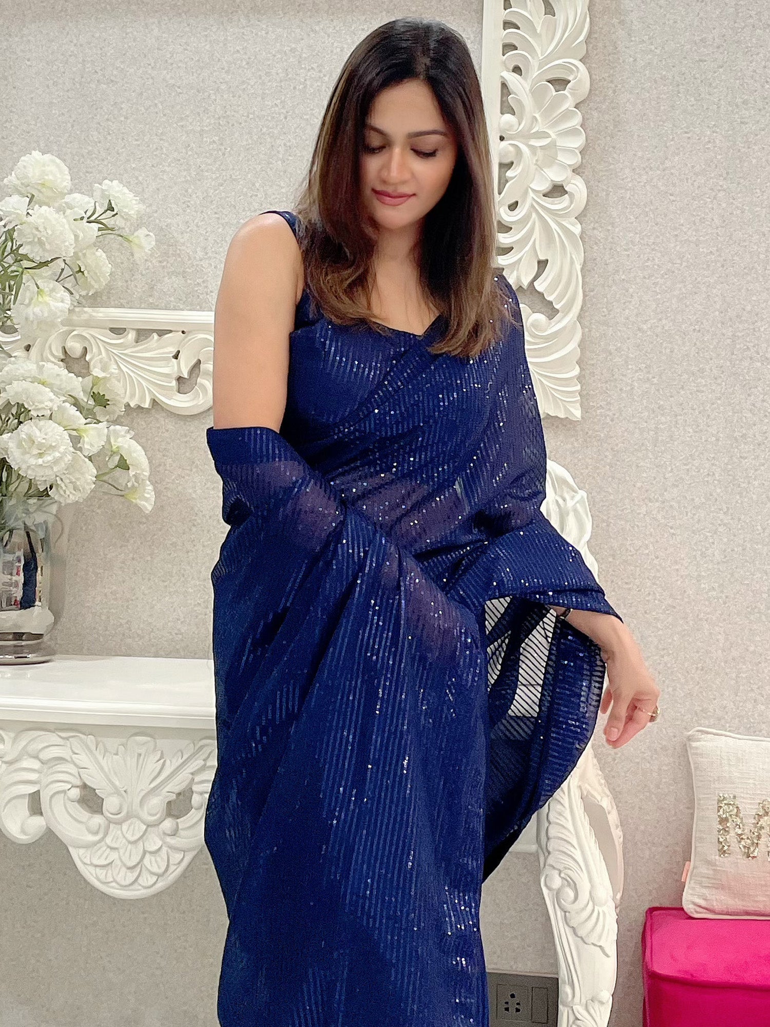 NOZ2TOZ Women's Georgette Navy Blue Embellished Designer Saree With Blouse Piece - Distacart