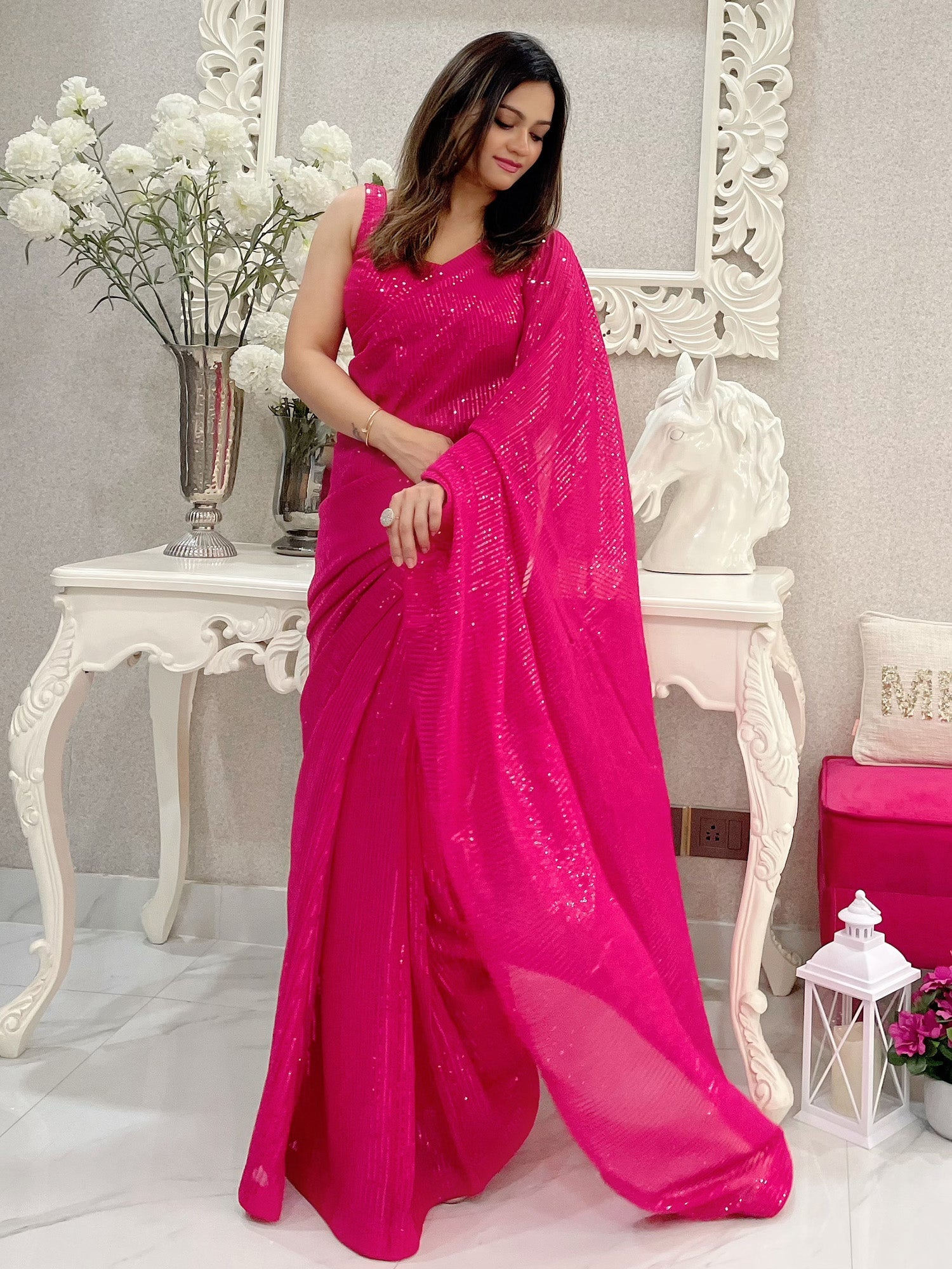 NOZ2TOZ Women's Georgette Pink Embellished Designer Saree With Blouse Piece - Distacart