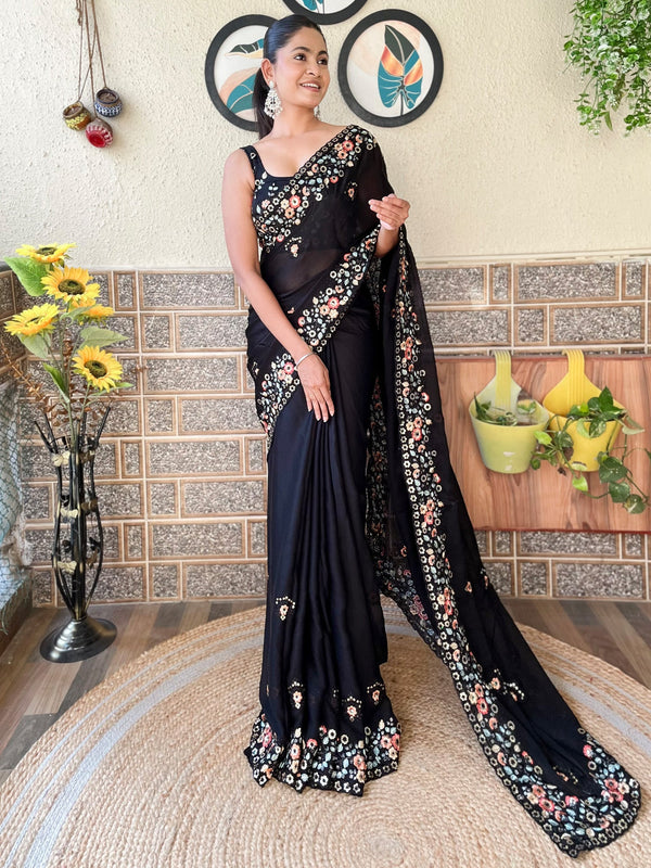 NOZ2TOZ Women's Chiffon Black Embellished Designer Saree With Blouse Piece - Distacart