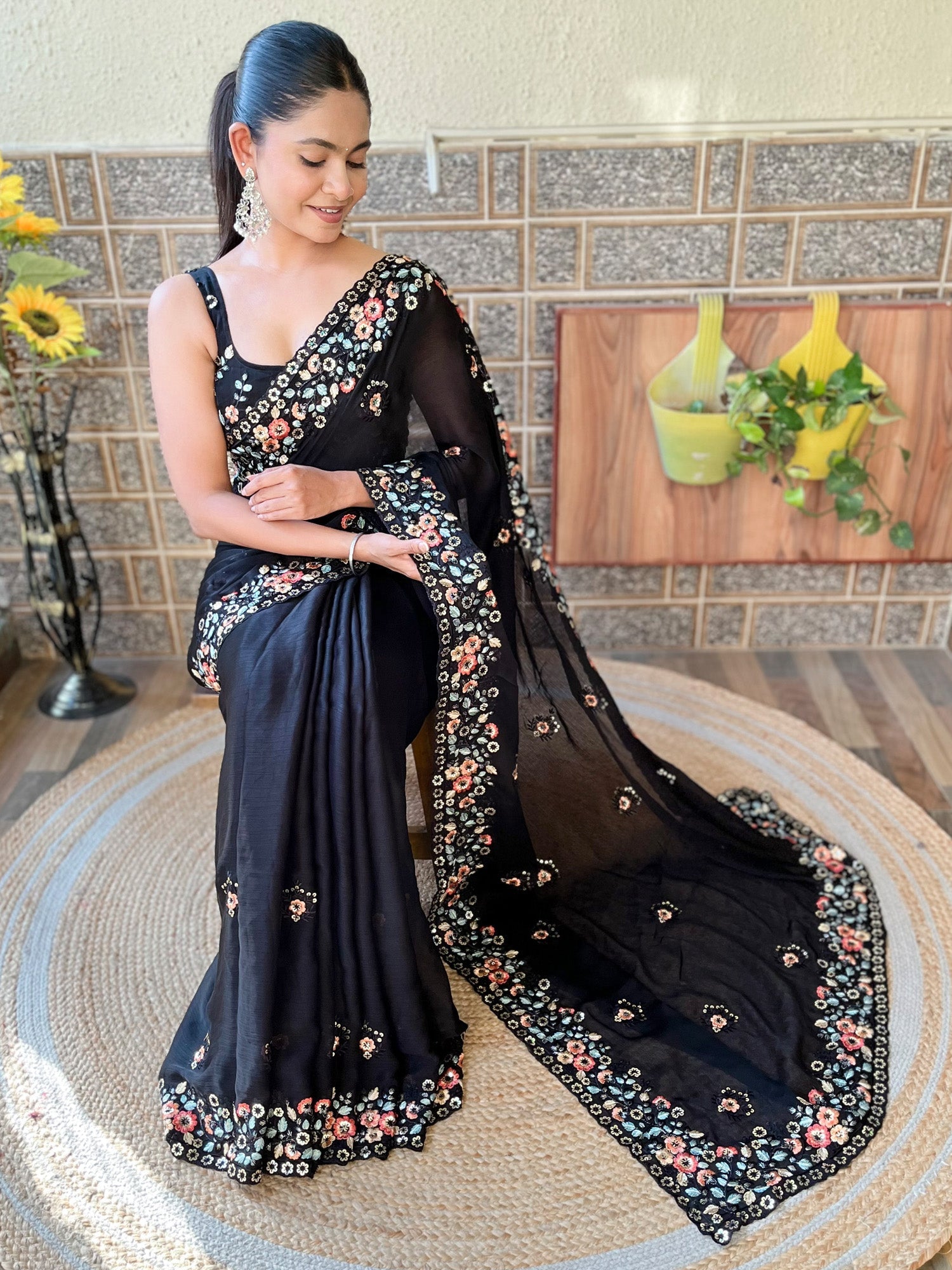 NOZ2TOZ Women's Chiffon Black Embellished Designer Saree With Blouse Piece - Distacart