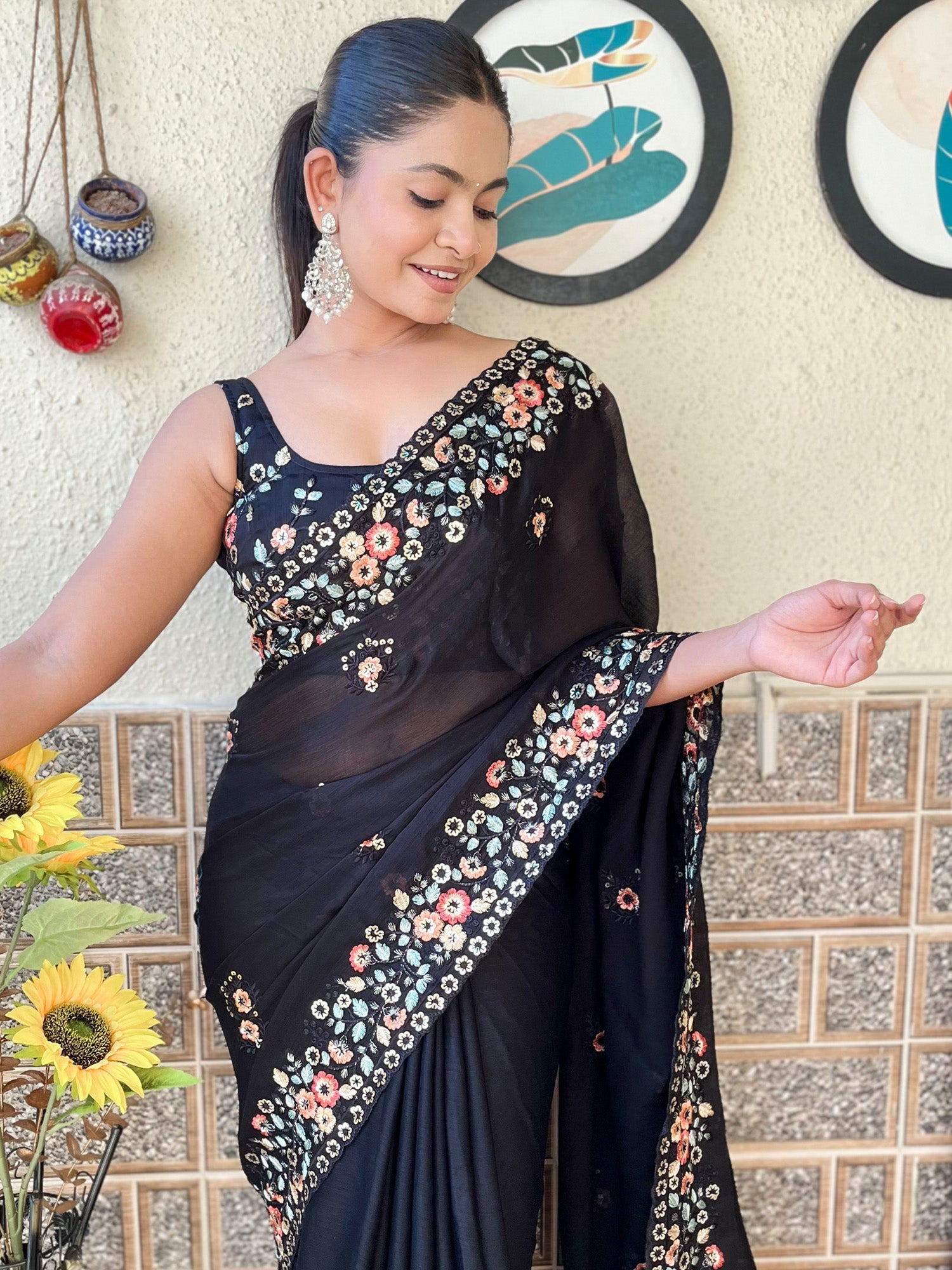 NOZ2TOZ Women's Chiffon Black Embellished Designer Saree With Blouse Piece - Distacart