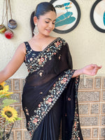 Thumbnail for NOZ2TOZ Women's Chiffon Black Embellished Designer Saree With Blouse Piece - Distacart