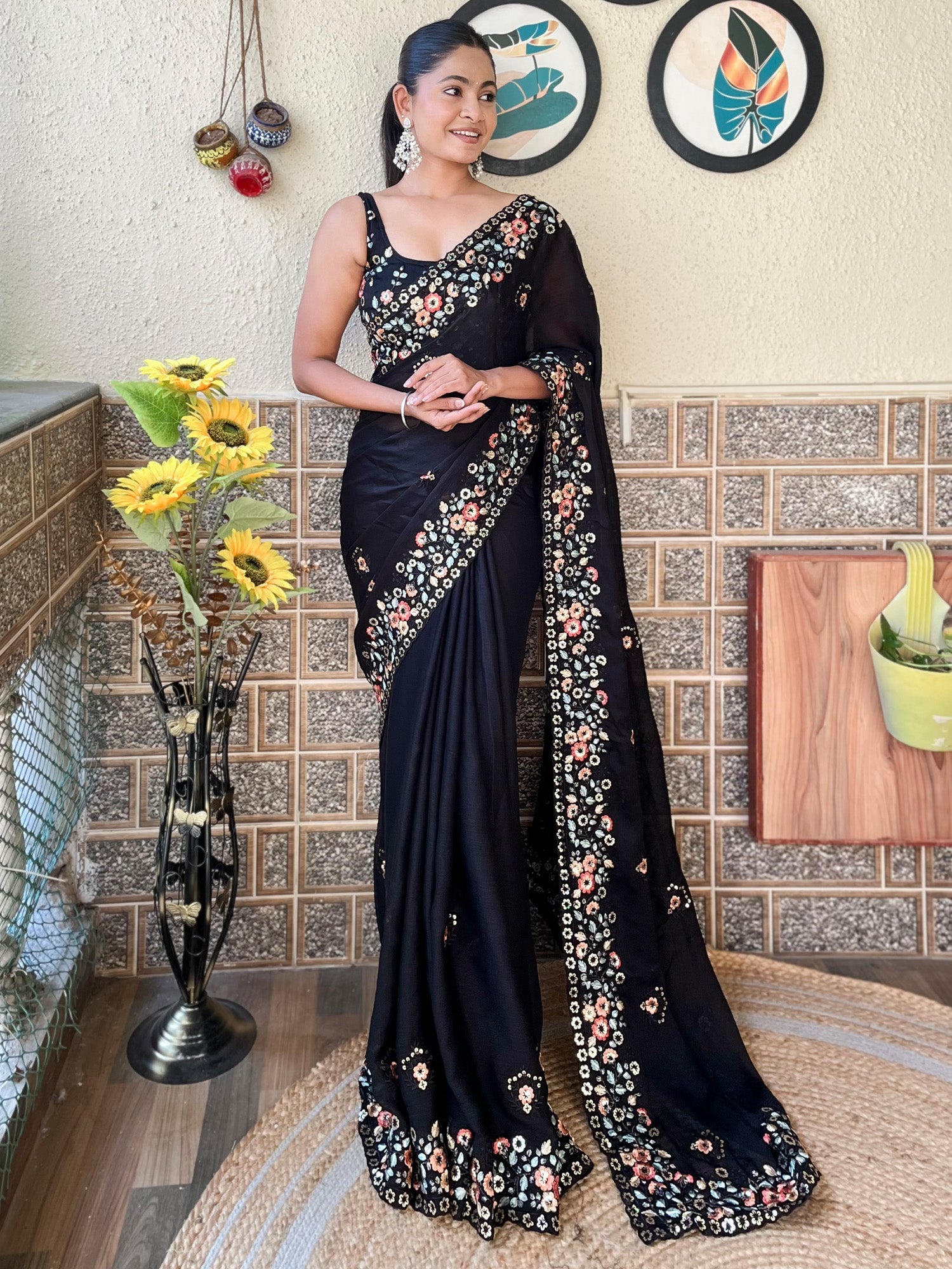 NOZ2TOZ Women's Chiffon Black Embellished Designer Saree With Blouse Piece - Distacart