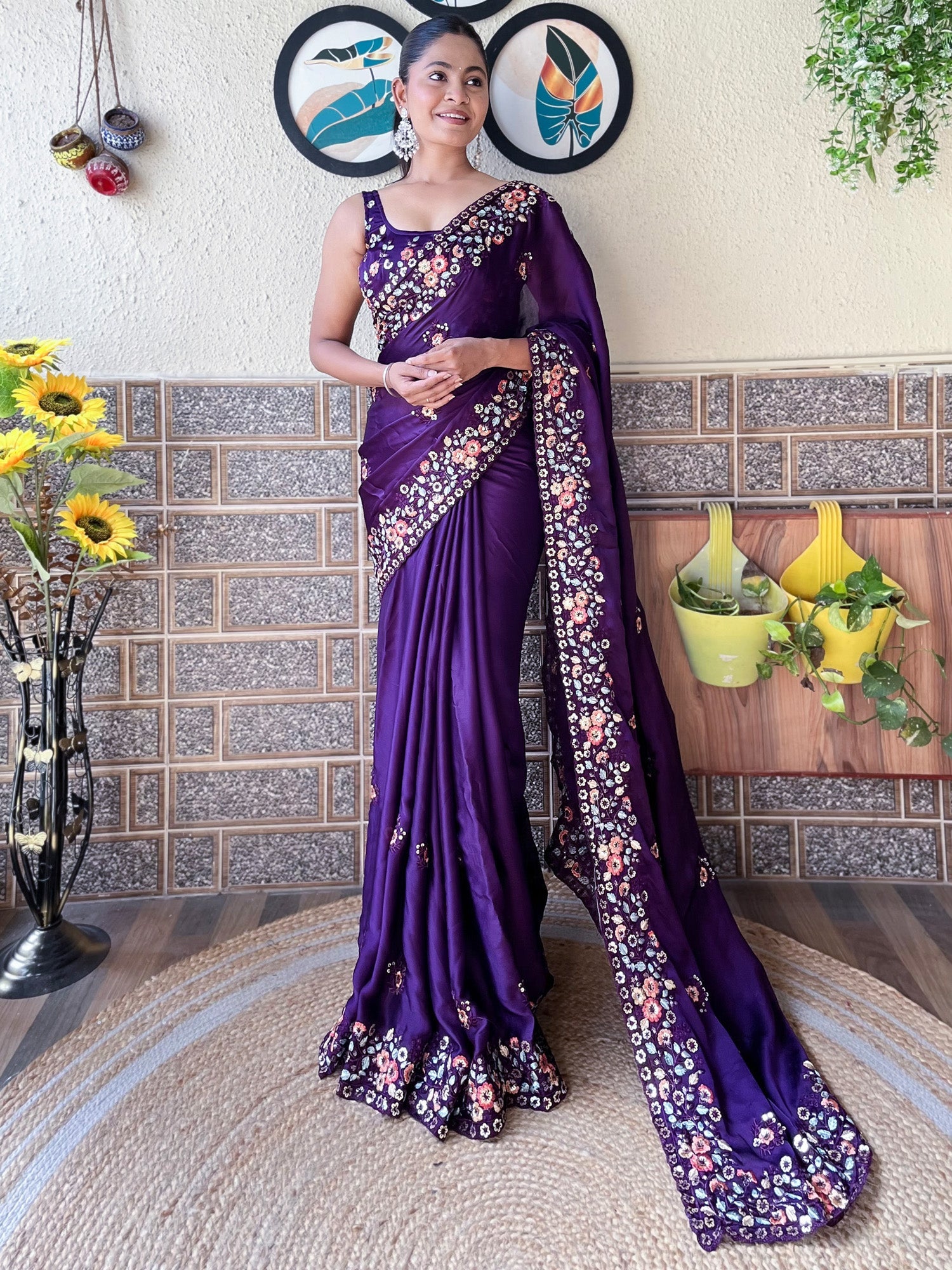 NOZ2TOZ Women's Chiffon Purple Embellished Designer Saree With Blouse Piece - Distacart