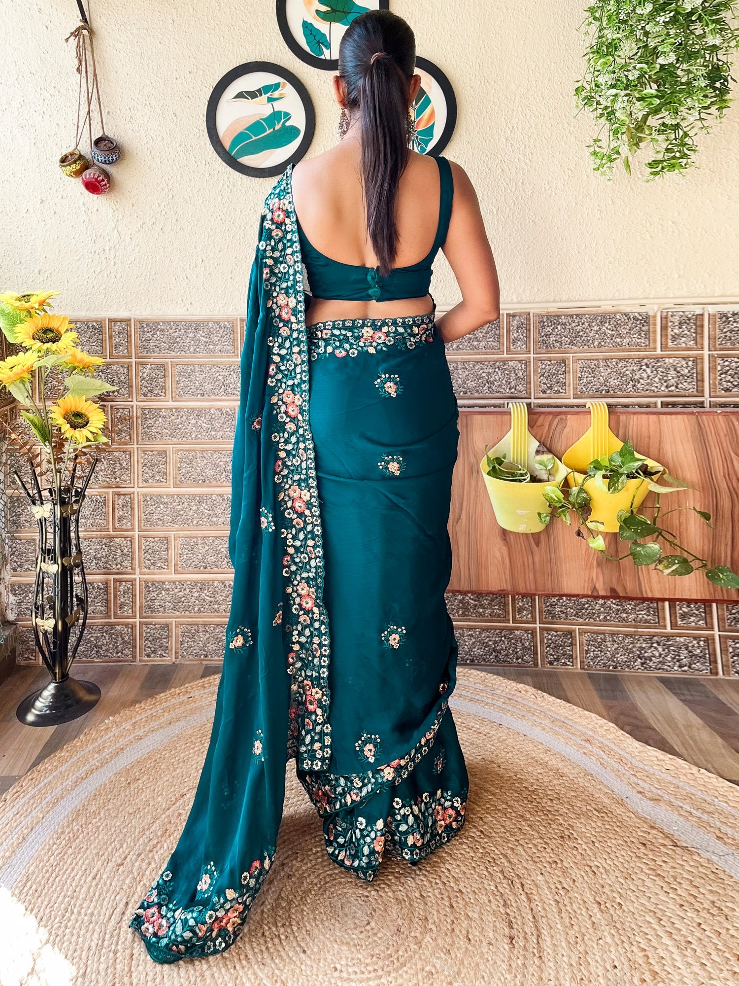 NOZ2TOZ Women's Chiffon Teal blue Embellished Designer Saree With Blouse Piece - Distacart
