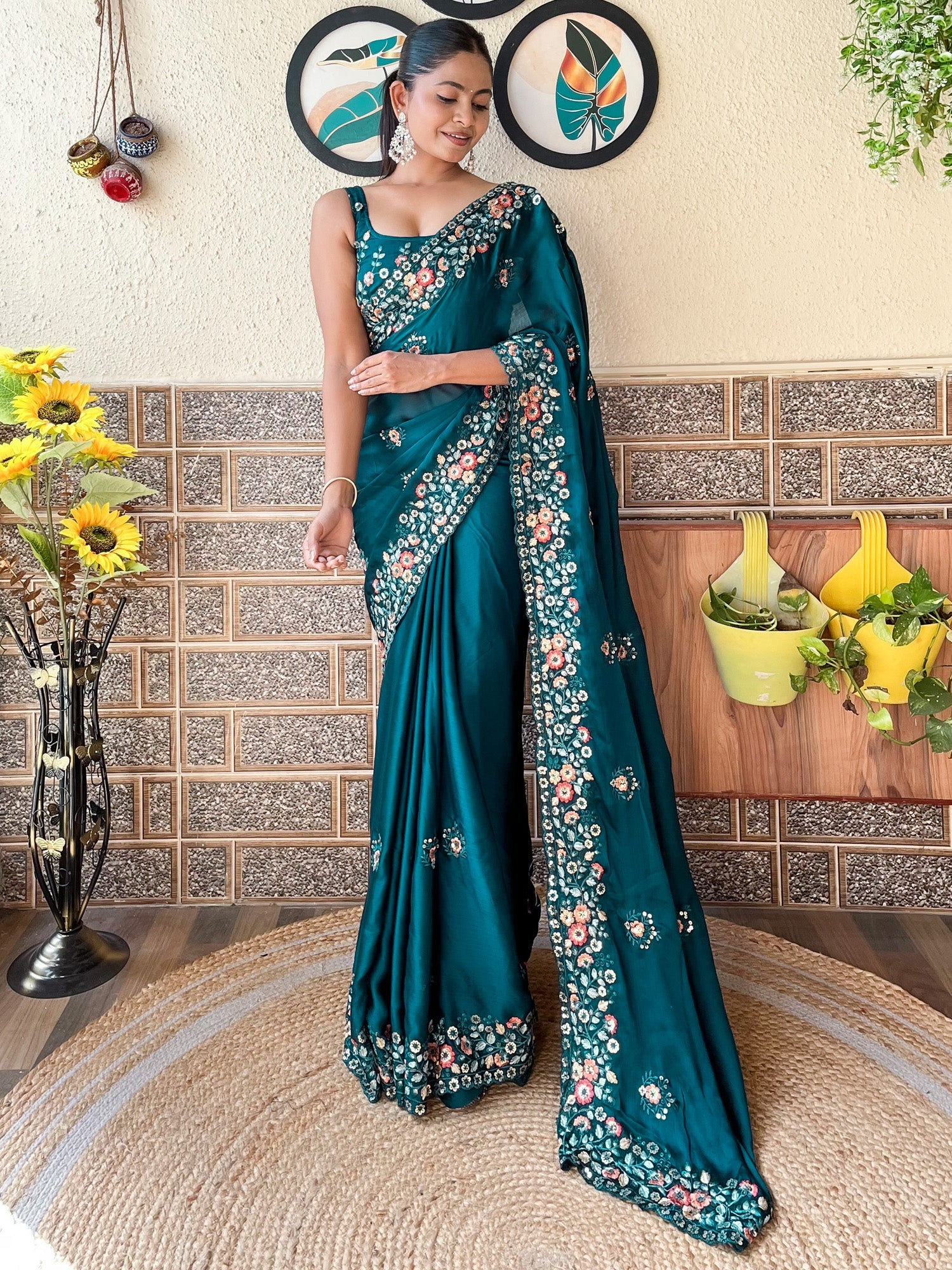 NOZ2TOZ Women's Chiffon Teal blue Embellished Designer Saree With Blouse Piece - Distacart
