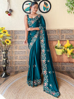 Thumbnail for NOZ2TOZ Women's Chiffon Teal blue Embellished Designer Saree With Blouse Piece - Distacart