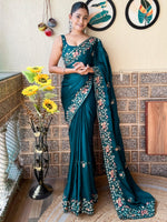 Thumbnail for NOZ2TOZ Women's Chiffon Teal blue Embellished Designer Saree With Blouse Piece - Distacart