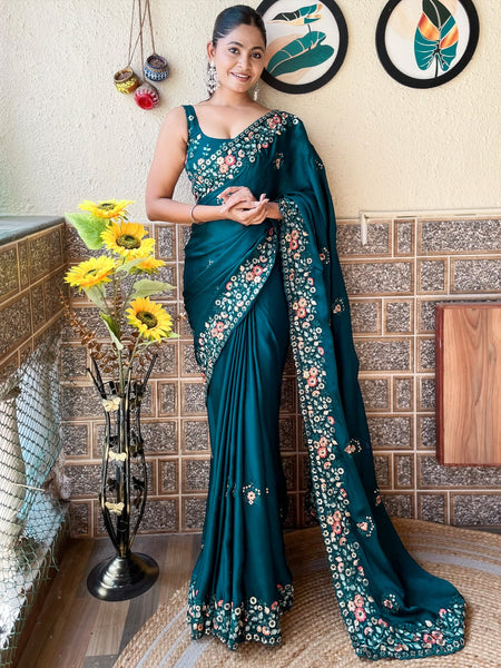 NOZ2TOZ Women's Chiffon Teal blue Embellished Designer Saree With Blouse Piece - Distacart