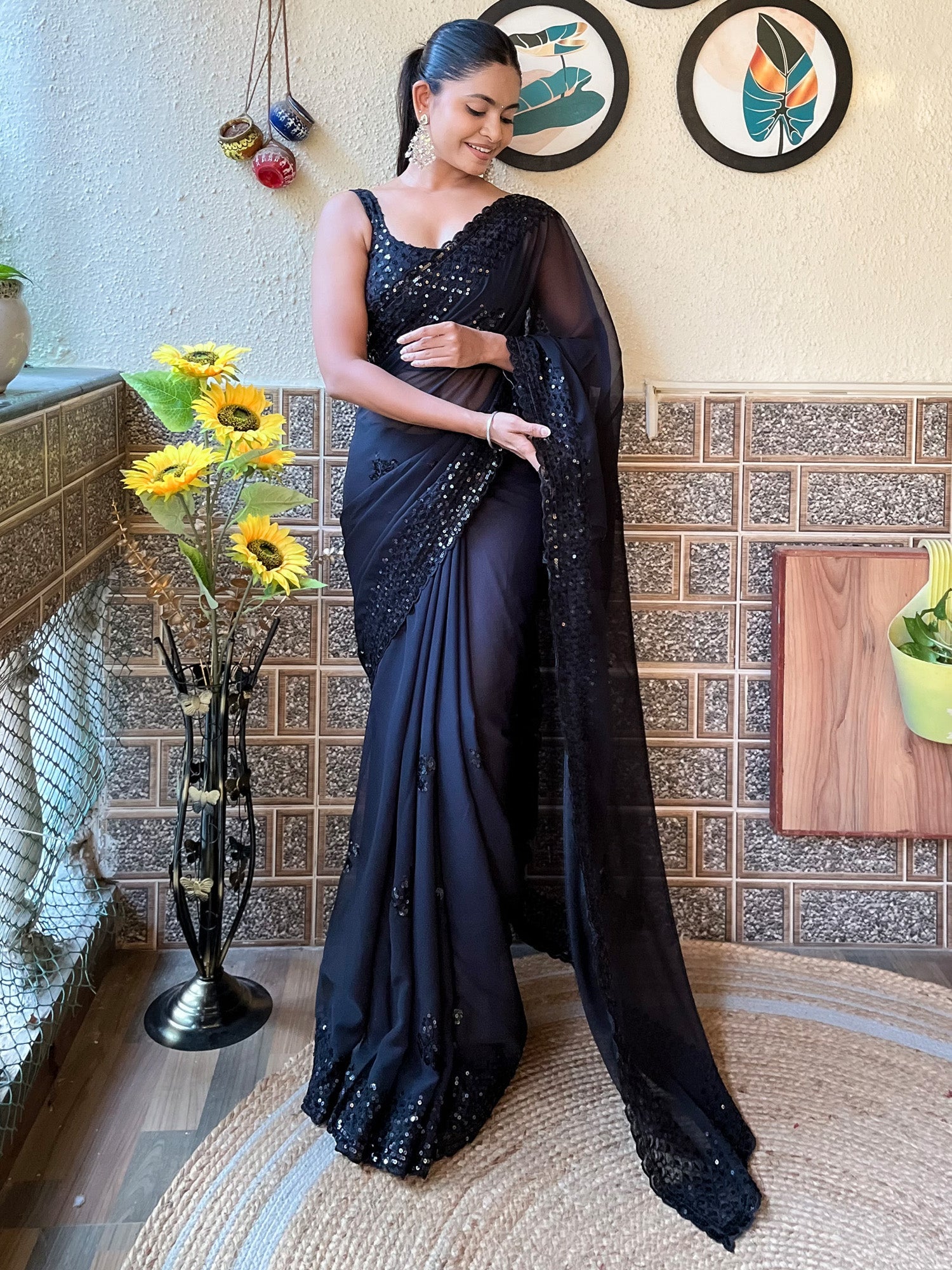 NOZ2TOZ Women's Georgette Black Embellished Designer Saree With Blouse Piece - Distacart