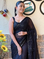 Thumbnail for NOZ2TOZ Women's Georgette Black Embellished Designer Saree With Blouse Piece - Distacart